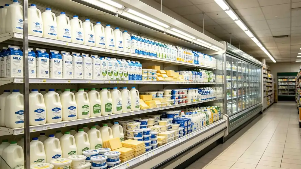 Supermarket aisle lit with TITATEC under-shelf lighting