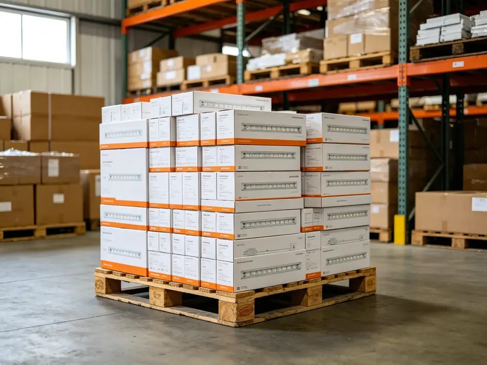 Stacked cartons of LED light kits on a warehouse pallet