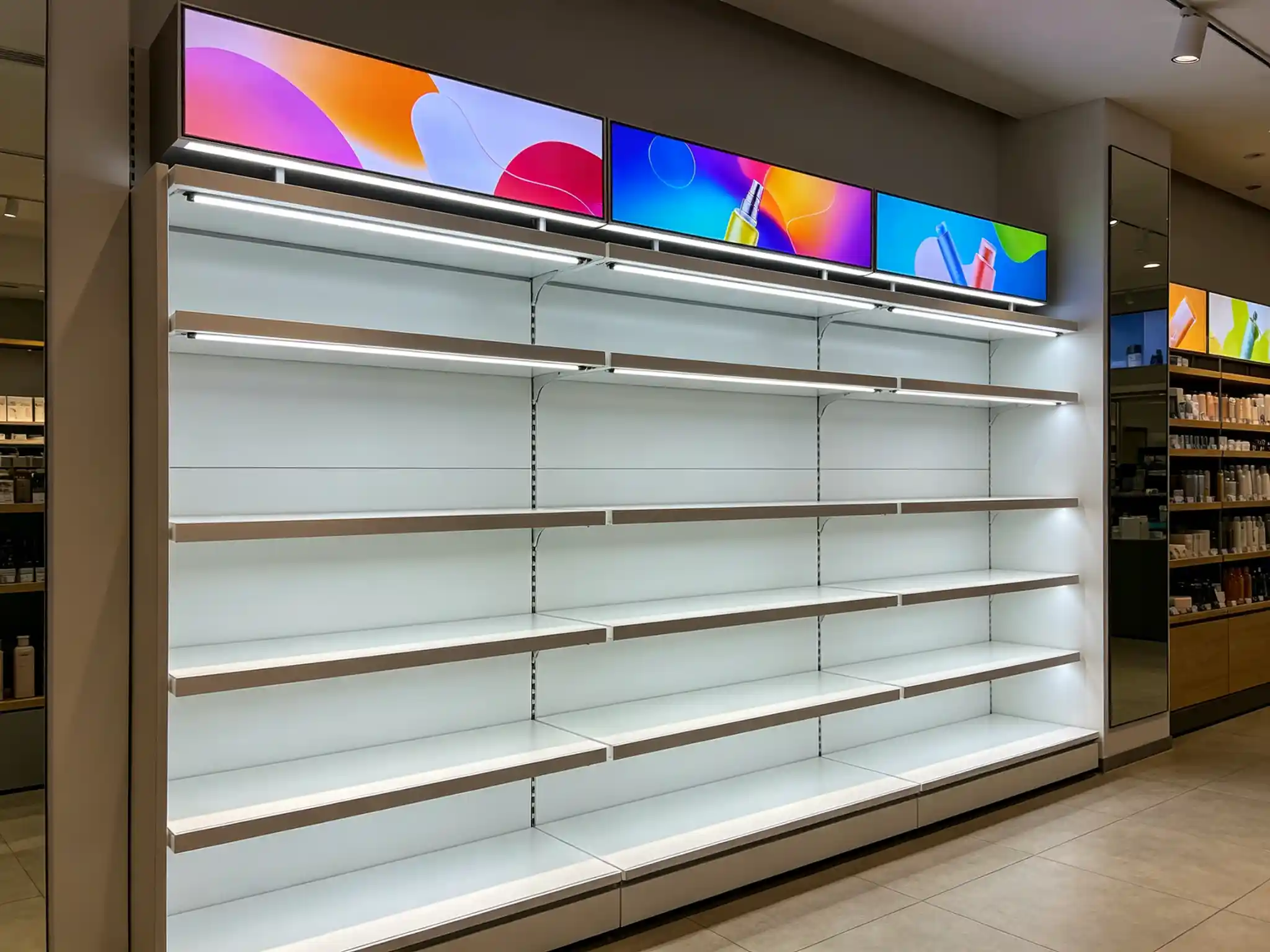 Retail gondola with TITATEC under-shelf LED lights and digital bar display screens