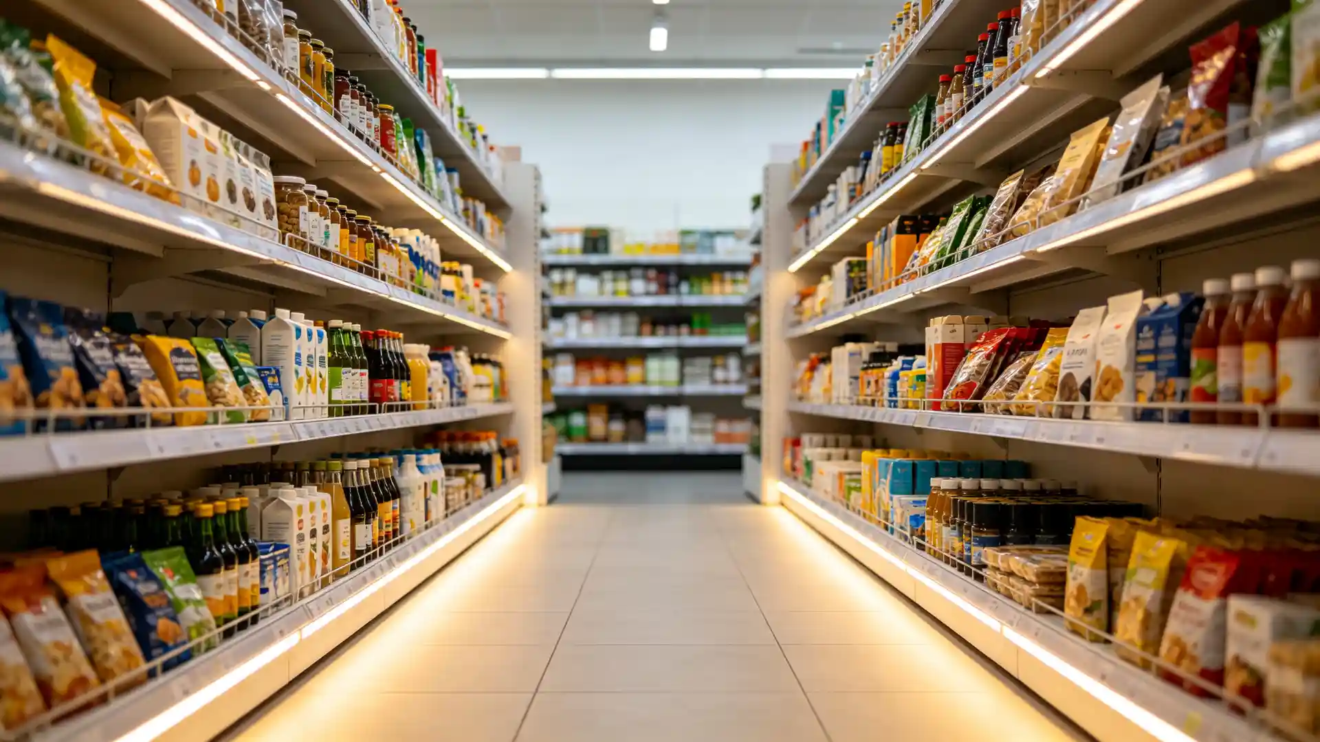 Supermarket grocery aisle with under-shelf LED lighting